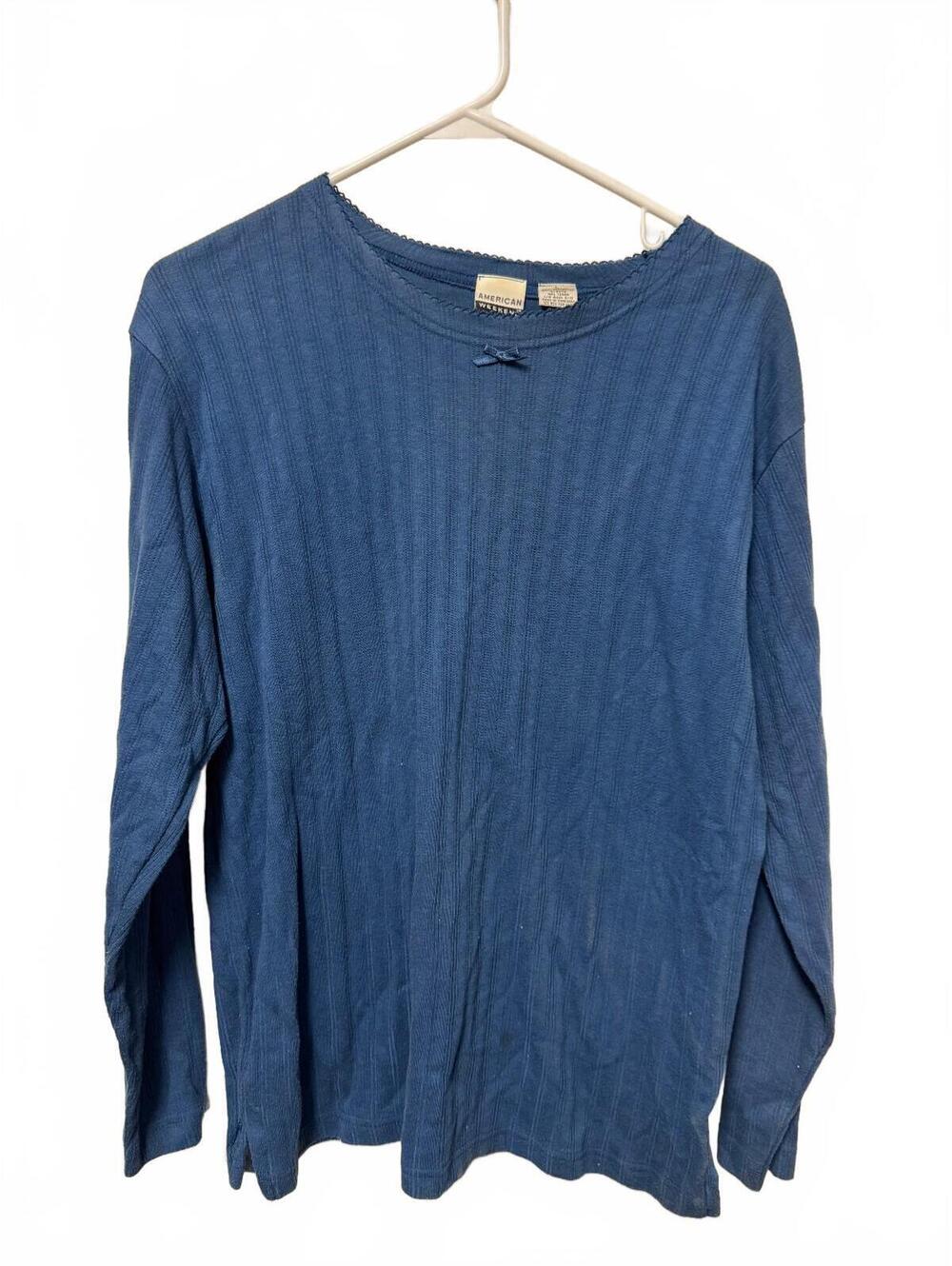 American Weekend Vintage Blue Ribbed Long Sleeve Picot Trim Top L